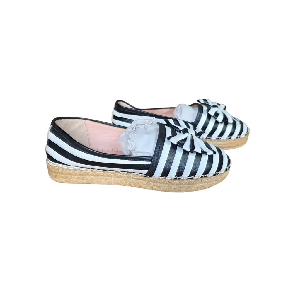 Kate Spade NY LINDS Striped Leather Bow Espadrille Flats Black White Sz 9